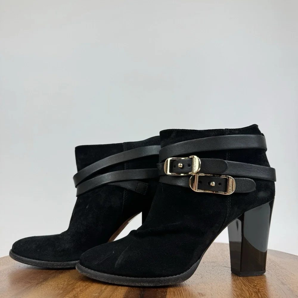 Womens Jimmy Choo Melba 80 Buckled Black Suede Block Heel Ankle Boots Size EU 38
